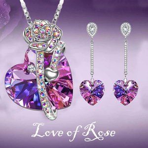 NEW! Beautiful 1/2 Pcs Crystal Rose Heart Necklace Pendant & Heart Earrings Set